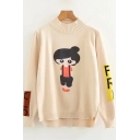 Mock Neck Long Sleeve Cartoon Character Letter Printed Leisure Sweater