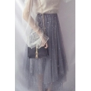 Trendy Gauze Gray Blue Elastic Waist Sequined Asymmetric Hem Midi Skirt