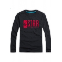 Cotton Long Sleeve Round Neck Letter STAR Printed Leisure Tee