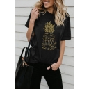 Unique Short Sleeve Round Neck Pineapple Design Letter Printed Tee