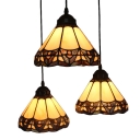 Adjustable 3 Heads Cone Hanging Light Tiffany Style Stained Glass Pendant Lamp in Beige