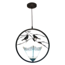 1 Light Geometric Hanging Light with 2 Birds Nautical Stained Glass Suspended Lamp in Blue
