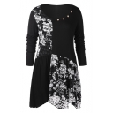 Chic Floral Print Patchwork Button-Embellished Round Neck Long Sleeve Midi Pleated Midi Dress