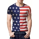 Men's Stylish Striped Star Flag Printed Red and Blue Casual T-Shirt