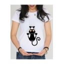 New Arrival Funny Cartoon Black Cat Printed Round Neck Short Sleeve White T-Shirt