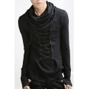 Men's Cool Stylish Cowl Neck Long Sleeve Lace-Up Front Black Plain T-Shirt