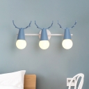 3 Heads Bare Bulb Wall Light with Antler Baby Kids Room Rotatable Metallic Wall Sconce in Blue/Gray