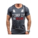 Funny Letter PUMP UP THE VOLUME Printed Short Sleeve Hooded Slim T-Shirt