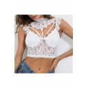 Women's New Trendy Halter Neck Sleeveless Sexy Cut Out Lace-Insert Cropped Top