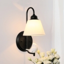 Curved Arm Wall Light with Bird Decoration Lodge Style Fabric Shade 1 Head Wall Mount Light in Black/White