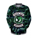 Trendy Letter SOUTH SIDE Snake Camouflage Print Stand Collar Button Down Green Baseball Jacket
