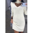 Sexy Long Sleeve V Neck Plain Knit Bodycon Mini Dress