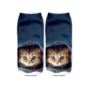 Cute 3D Cartoon Cat Printed Blue Cotton Ankle High Socks