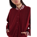 New Trendy Red Rib Trim Long Sleeve Stand Collar Button Down Loose Casual Baseball Jacket
