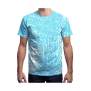 Men's Summer Cool Ink Pattern Crewneck Short Sleeve Loose Blue T-Shirt