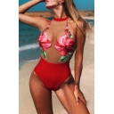 Women's Sexy Sheer Floral Printed Halter Neck Open Back Red One-Piece Swimwear