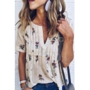 Chic Floral Printed V-Neck Short Sleeve Loose Fit Apricot Blouse