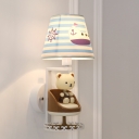 White Finish Strips Design Table Lamp with Cute Bear Fabric Shade 1 Head Standing Table Light for Kids