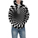 Cool 3D Checkboard Whirlpool Printed Long Sleeve Black and White Hoodie