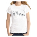 Cute Cartoon Cat Printed Basic Short Sleeve White T-Shirt