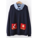 Funny Cartoon Print Pocket Patched Front Lapel Collar Long Sleeve Pullover Loose Sweatshirt