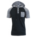 Men's Casual Leisure Short Sleeve Colorblock Button-Embellished Front Pocket Chest Hoodie