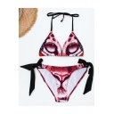 Women's New Fashion Leopard Printed Halter Neck Bow-Tied Side Red Bikini Swimwear