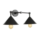 Black Armed Wall Lamp with Cone Shade Industrial Simple Metallic 2 Heads Wall Light