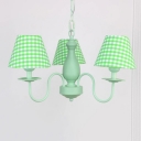 Shaded Chandelier Light with Trellis Pattern Retro Style Fabric 3 Lights Hanging Light in Green Finish