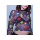 Hot Sexy Long Sleeve Round Neck All Over Floral Printed Sheer Cropped T-Shirt