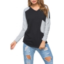 V-Neck Long Sleeve Fashion Colorblock Big Pocket Patched Loose Fit Black T-Shirt