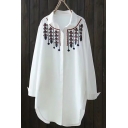 Trendy Tribal Print Embroidered Lapel Collar Long Sleeve Concealed Button White Long Shirt