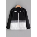 Stylish Colorblock Long Sleeve Loose Casual Sports Zip Up Drawstring Hooded Coat