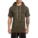 Men's Trendy Green Camouflage Print Zip Pocket Split Side Short Sleeve Sports Fitted Cotton Hoodie