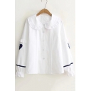 Chic Ruffle Hem Peter-Pan Collar Long Sleeve Heart Embroidered White Button Shirt