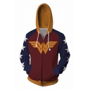 New Trendy 3D Comic Colorblock Long Sleeve Full Zip Burgundy Hoodie