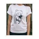 Cartoon Character Printed Short Sleeve Round Neck Fitted White Top