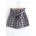 Retro Plaid Printed Ruffled Hem Bow-Tied Waist Casual Loose Shorts for Girls