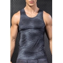 Fashion 3D Snake Scale Printed Bodybuilding Quick-Drying Stretch Tight Black Workout Tank for Guys