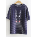 Cartoon Rabbit Round Neck Short Sleeve Loose Cotton Striped T-Shirt
