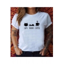 Street Style Funny Cats Books Coffee Print Loose Fit Relaxed T-Shirt
