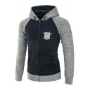 Trendy Logo Print Chest Long Sleeve Colorblock Full Zip Front Fitted Hoodie