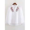 White Chic Floral Embroidered V-Neck Long Sleeve Casual Loose Blouse