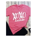 Popular Letter XOXO Print V-Neck Short Sleeve Pink Loose Fit T-Shirt