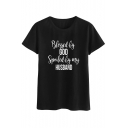 Black Letter BLESSED BY GOD Printed Short Sleeve Round Neck Chic Top