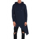 Men's Stylish Simple Solid Asymmetrical Hem Longline Relaxed Reconstructed Drawstring Hoodie