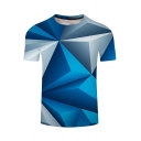 Cool 3D Blue Geometric Pattern Loose Casual Short Sleeve T-Shirt