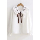 White Cartoon Embroidered Long Sleeve Peter Pan Collar Tie Front Button Down Shirt