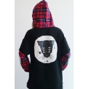 Cartoon Cat Printed Fashion Plaid Patched Long Sleeve Loose Fitted Light Hoodie