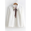 Lovely Cartoon Fish Embroidered Collar Bow-Tied Collar Long Sleeve Button Down White Shirt